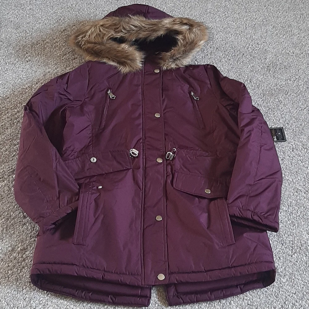 New Faux Fur Trimmed Hood Heavy Coated Anorak Coat.